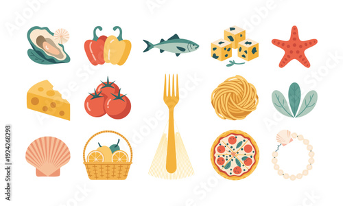 Mediterranean Cuisine Objects Seafood Vegetables and Italian Food Flat Vector Elements Set, easily editable.