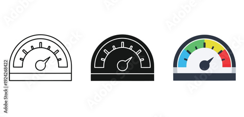 Three different style speedometer gauge icons with transparent background for design projects