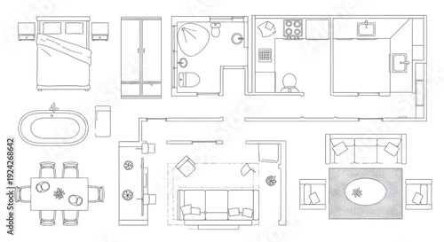 Furniture Top View Outline Icon Set – Bedroom, Kitchen, Bathroom, Dining and Living Room Interior Symbols