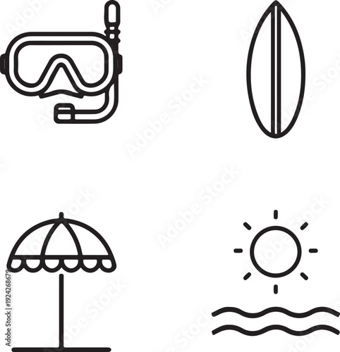 Summer beach vacation icon set with diving mask, surfboard, and umbrella. Thin line art symbols for travel, water sports,