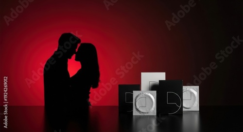Romantic Couple Silhouette Kissing with Condom Packaging on Red Background – Safe Sex, Intimacy, Passion, Sexual Health, Protection and Modern Contraception Concept