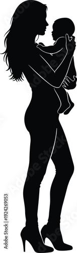 Silhouette of woman holding baby in arms sideways black white