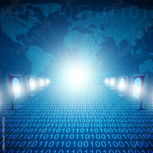 Futuristic digital gateway with glowing portals and binary code on global network background