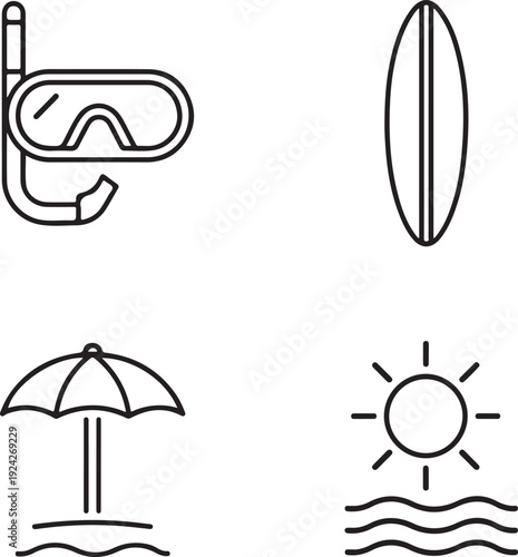 Surfing thin line icon set. Surfboard, wave, windsurfing, surfer, beach vacation symbols.