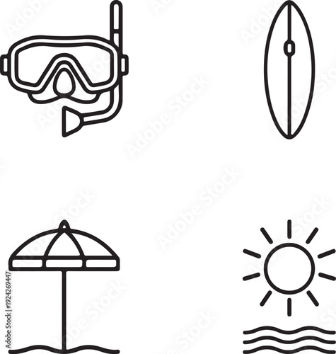 Essential vacation preparation symbolized in a crisp, simple set of outline icons.