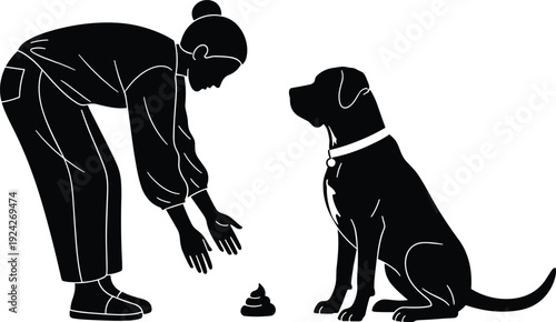 Woman picking up dog poop with dog sitting nearby black and white silhouette