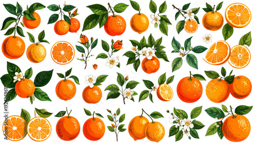seamless pattern with oranges and leaves on white background isolated. Vector illustration 