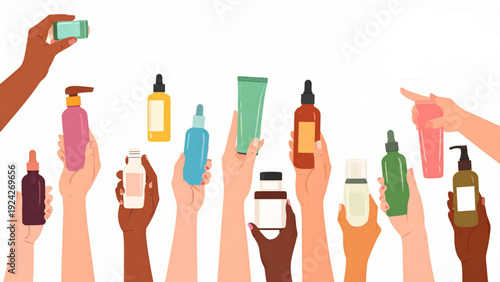 Hand holding bottle of handwash, toothpaste, cream etc. isolated on white background. Vector illustration 