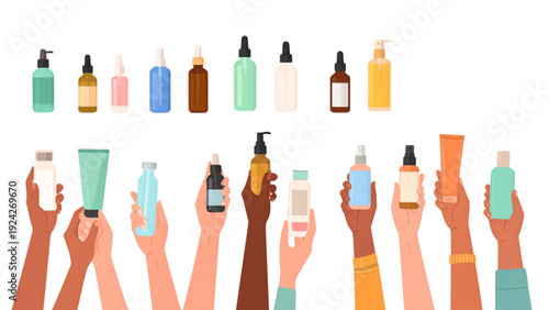 Hand holding bottle of handwash, toothpaste, cream etc. isolated on white background. Vector illustration 