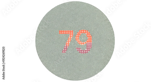 Number 79 formed by small dots on a grey circle.