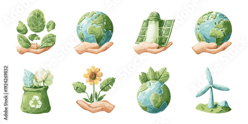 A collection of diverse and vibrant nature icons representing various elements of the environment.