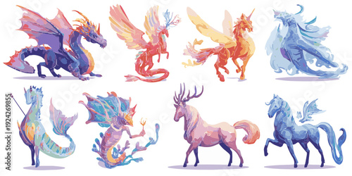 A vibrant collection of mythical creatures in a whimsical and colorful illustration