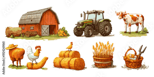 Assorted farm equipment and produce arranged in a rustic setting