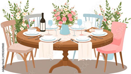 Table chair set in dining. Restaurant design. Vector illustration 