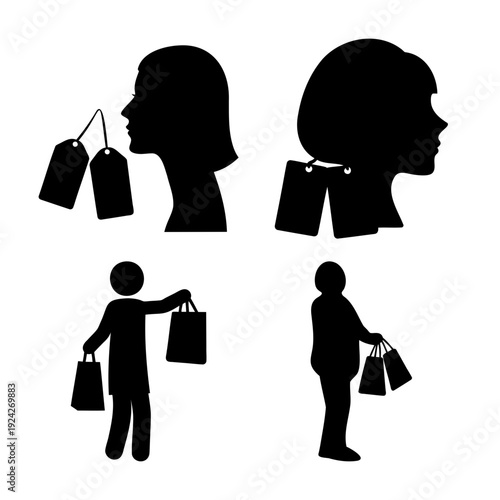 A collection of shopping and consumerism icons featuring people with price tags and bags