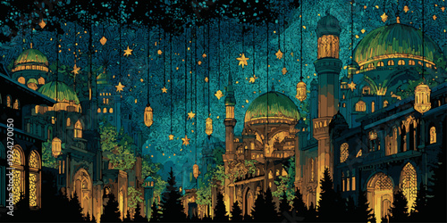 Elegant Ramadan Kareeem greeting card featuring golden Arabic calligraphy on a luxurious blue background with intricate patterns.