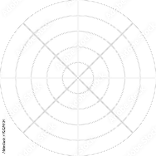 Black line radial grid texture with cells on white background. FUI science round grid backdrop. Math or technological notebook blank circular sheet.