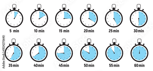 Timer, clock, stopwatch isolated set icons. Countdown timer symbol icon set. Label cooking time. Vector illustration.Set of analog clocks for every hour icon.Stopwatch icon from 1 to 60 minute timer
