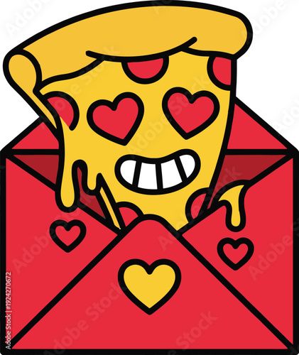 Joyful pizza slice character with heart eyes, popping out of a red envelope, cute vector illustration Isolated png illustration, transparent background