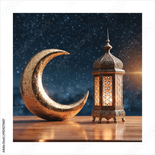 Golden Crescent Moon and Islamic Lantern Under Starry Night Sky – Ramadan Kareem Background.
