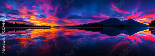 A fiery sunset spills across the mirror-like surface of the lake, transforming sky and water into a single canvas of light and color. The silence of the mountain silhouettes enhances the sense of infi
