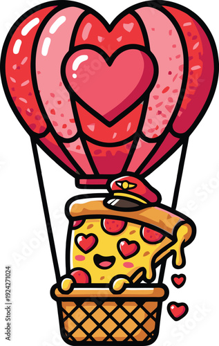 Funny Pizza Slice with Heart Eyes in a Hot Air Balloon Decorated with Hearts, Wearing a Hat Isolated png illustration, transparent background
