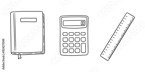School supplies icons including book calculator and ruler in line art style  educational tools for students and teachers