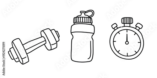 Fitness equipment icons including dumbbell water bottle and stopwatch for exercise and workout routine planning