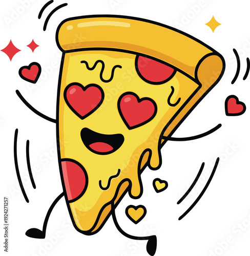 Playful pizza slice character with heart eyes, caught mid-dance, with dripping cheese and surrounding hearts, a vibrant vector illustration. Isolated png illustration, transparent background