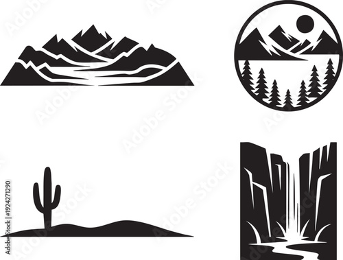 Diverse collection of nature landscape icons: mountains, cactus, waterfall, and forest scene