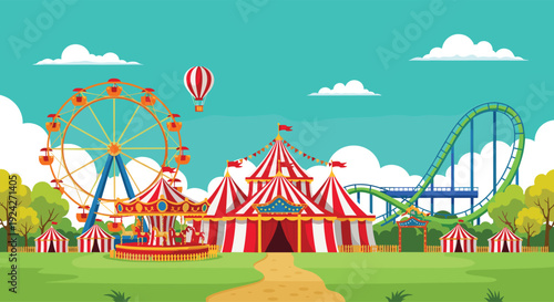 Amusement park colorful illustration, circus tent Ferris wheel carousel roller coaster hot air balloon graphics, festive carnival design collection