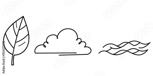 Line drawing of leaf cloud and wind  weather forecast icons  climate change symbols