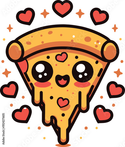 Adorable slice of pizza with hearts and sparkles, kawaii character illustration, bright and cheerful. Isolated png illustration, transparent background