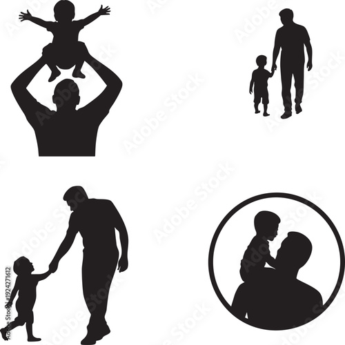 Father and son silhouette icons fatherhood family love togetherness playful moments vector