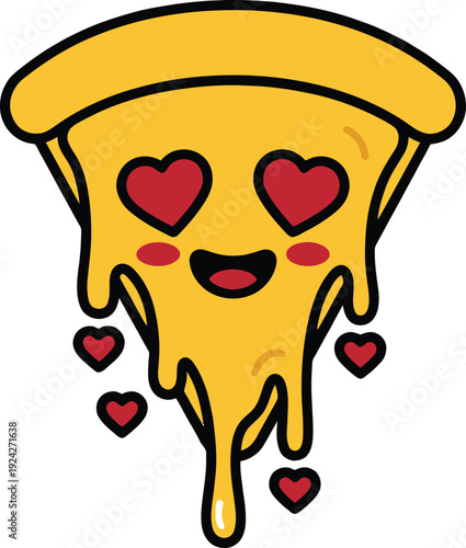 Cute pizza slice character with heart eyes, dripping cheese, and red hearts, fun vector illustration. Isolated png illustration, transparent background