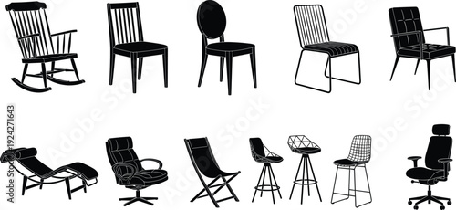 Chair silhouette icons, dining armchair lounge office bar stool furniture graphics, diverse seating design interior decor illustration collection
