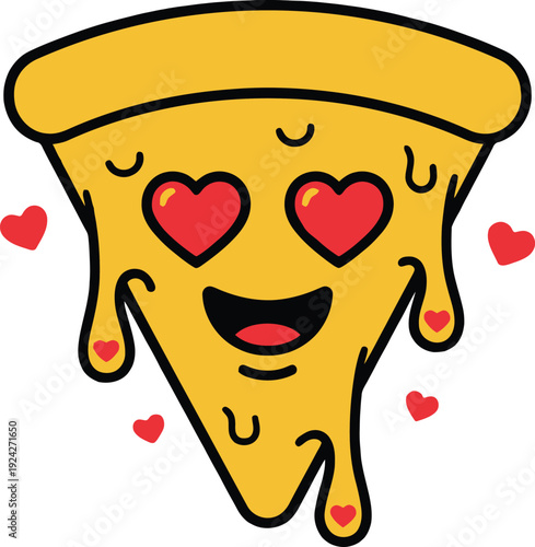 Loving pizza slice with heart eyes, dripping cheese and surrounding hearts, cute vector illustration for food lovers. Isolated png illustration, transparent background