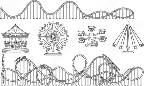 Amusement park ride silhouettes, roller coaster Ferris wheel carousel swing teacup icons, theme park entertainment graphics illustration collection