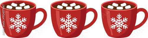 Red Winter Hot Chocolate Mugs with Marshmallows and Steam Cozy Christmas Drink Vector Set