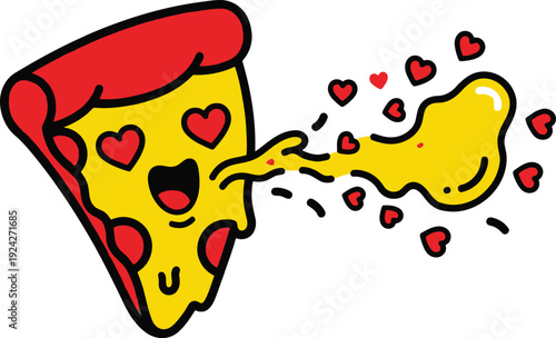 Happy pizza slice with heart shapes, spewing cheese and hearts, fun cartoon vector illustration. Isolated png illustration, transparent background