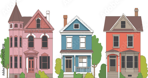 Residential House Exterior Illustration Set Classic and Modern Suburban Homes Collection