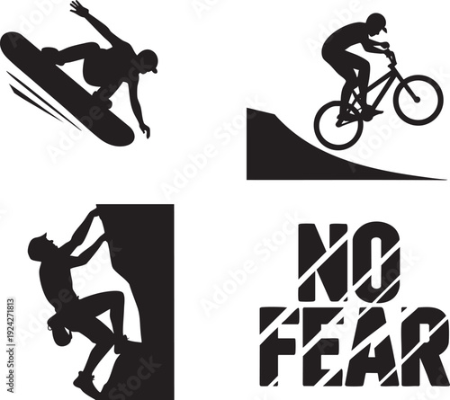 Extreme sports and no fear concept with snowboarder, cyclist, climber, and text