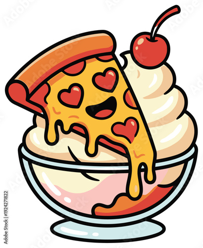 Cute kawaii pizza slice melting into a vanilla ice cream sundae with a cherry on top, fun food illustration Isolated png illustration, transparent background