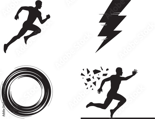 Runner silhouette, lightning bolt, swirling circle and runner breaking apart