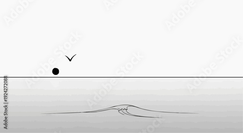 A minimalist vector graphic illustration of a bird flying over a simple landscape with a dot and line design