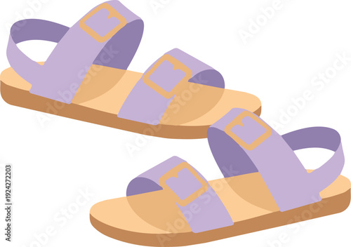 A pair of purple buckle sandals with flat soles is illustrated in a simple flat design against