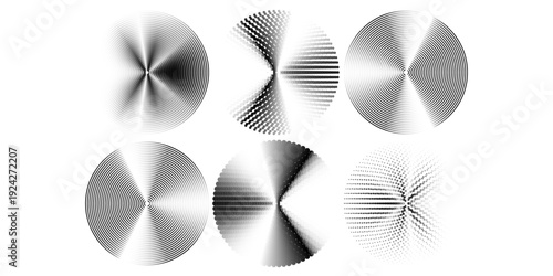 Dotted and linear sound wave signal set. Radial radio and music audio icon collection. Rippled radar vibration element sign bundle. Black curved impulse lines pack. Echo soundwave symbols. Vector