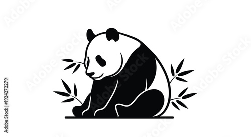 Panda sitting peacefully among bamboo leaves in simple black and white illustration