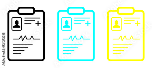 Medical clipboard patient record icon set with avatar, heartbeat line and health report form, modern outline vector illustration isolated on transparent background for hospital use