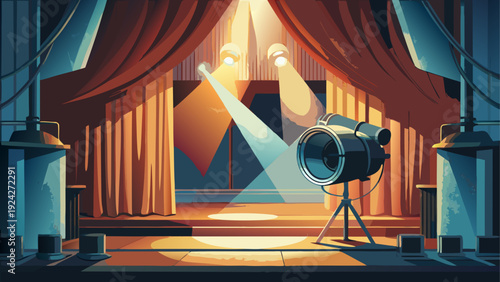 Very beautiful vintage theatre spotlight shining through gentle smoke against dark curtain backdrop evoking nostalgic cinema ambiance and timeless stage performance elegance.
